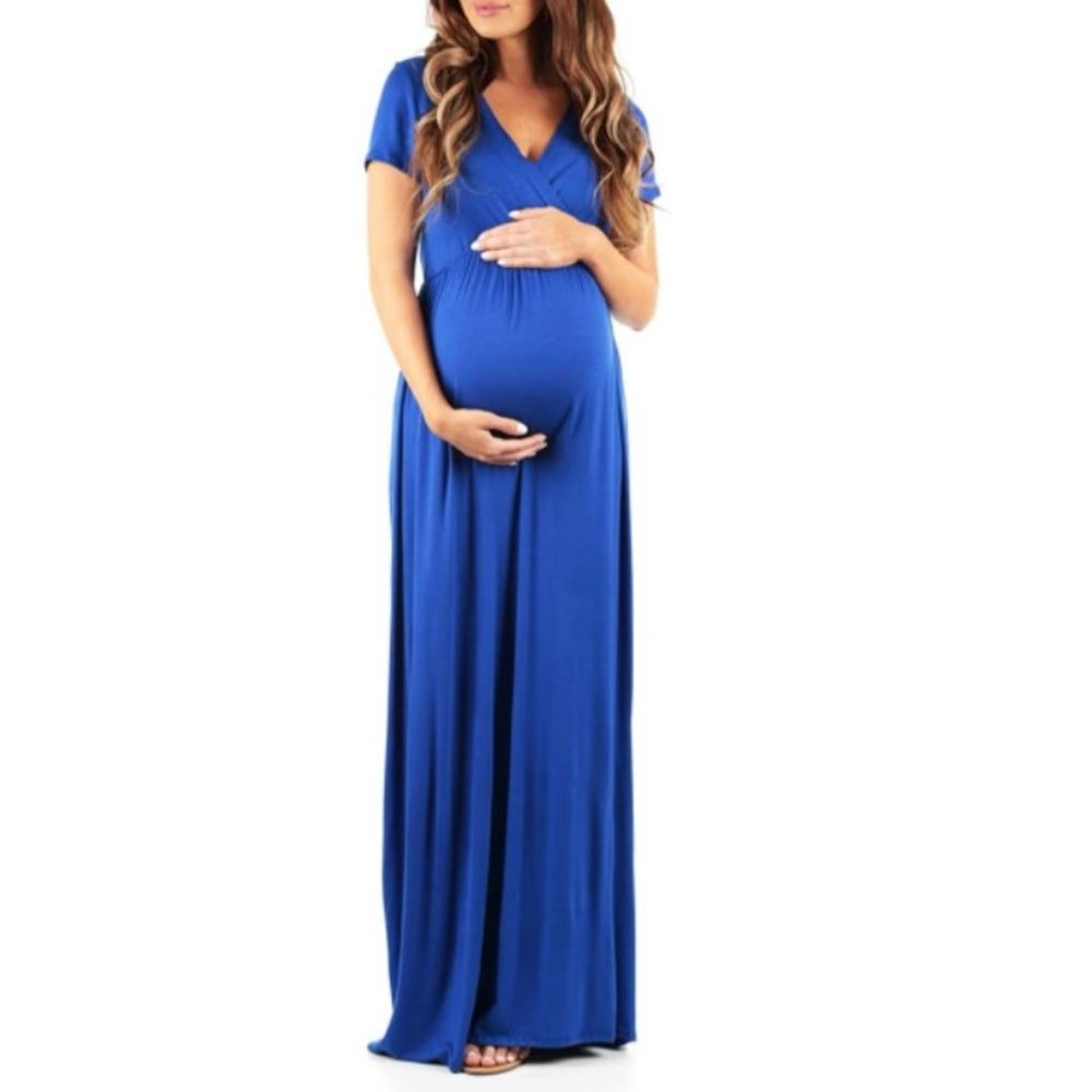Mother Bee Maternity Short Sleeve Ruched Waist Faux Wrap Maxi Dress